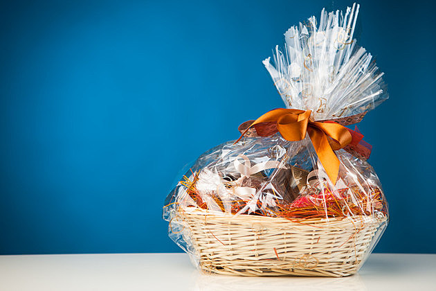 gift basket against blue background